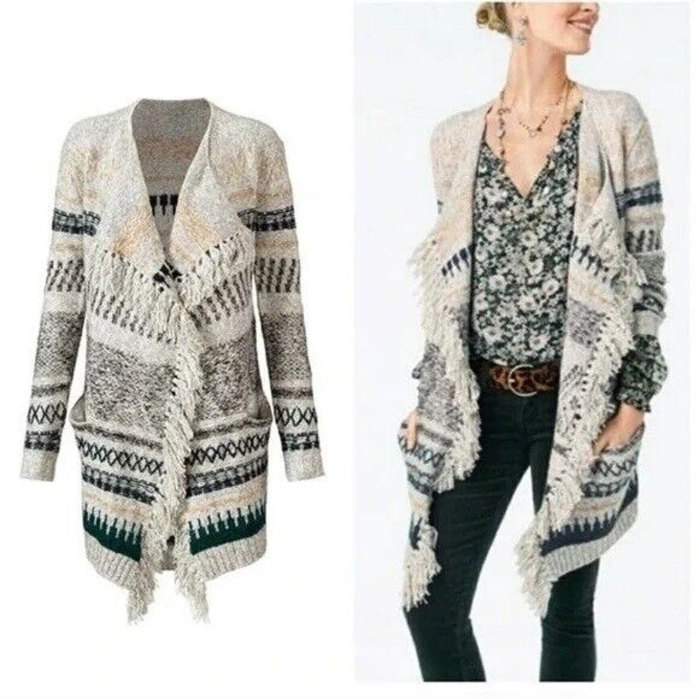 CAbi Fringed Open-Front Cardigan in Cream, Gray & Navy